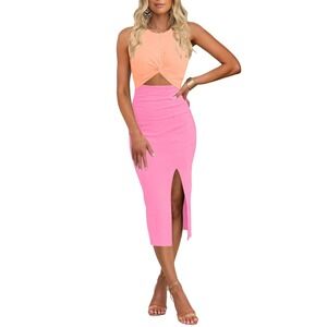 NWT Oten Cutout Midi Dress Womens Medium Peach Pink Ribbed Bodycon Slit